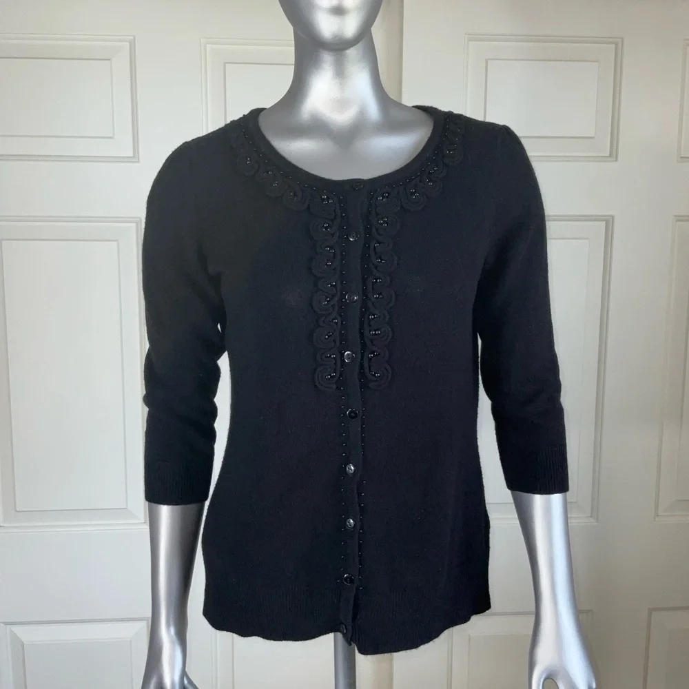 Debbie Morgan Jeweled Trim Black 3/4 Sleeve Cardigan Women Size Petite Small - Picture 3 of 10